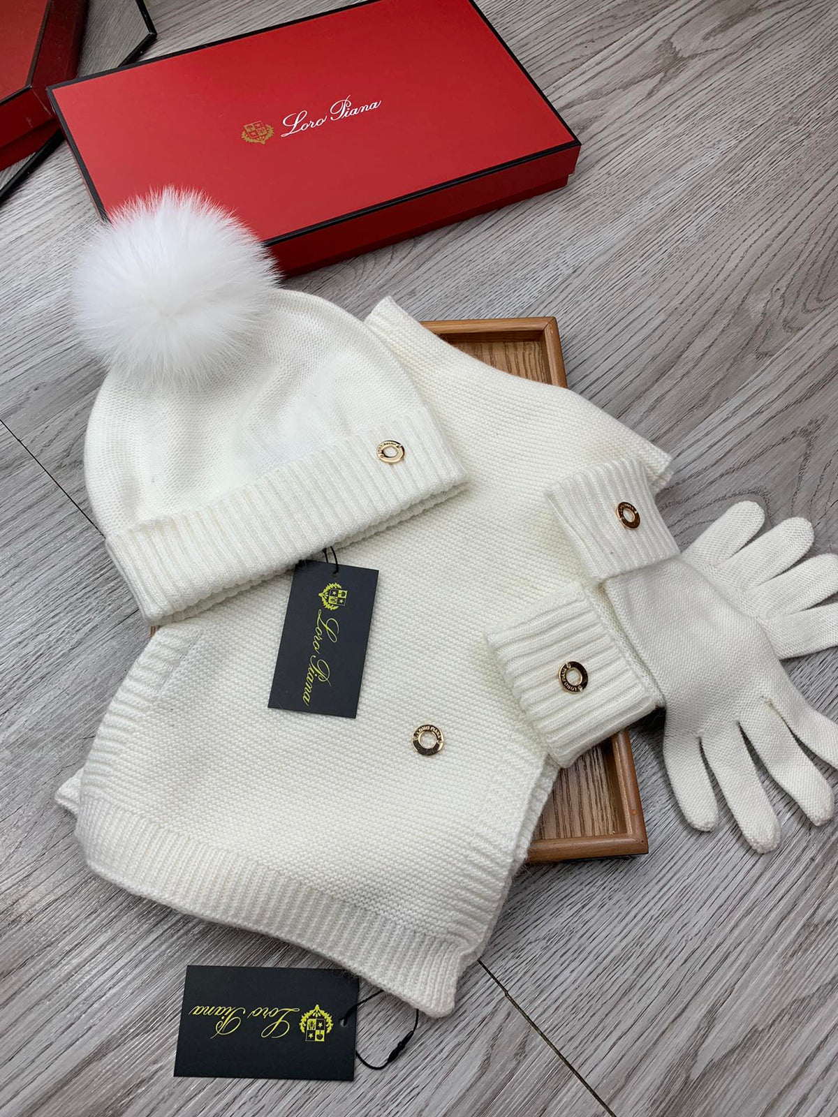 Loro Piana Hat Scarf Gloves Set White Knit Fur 475087