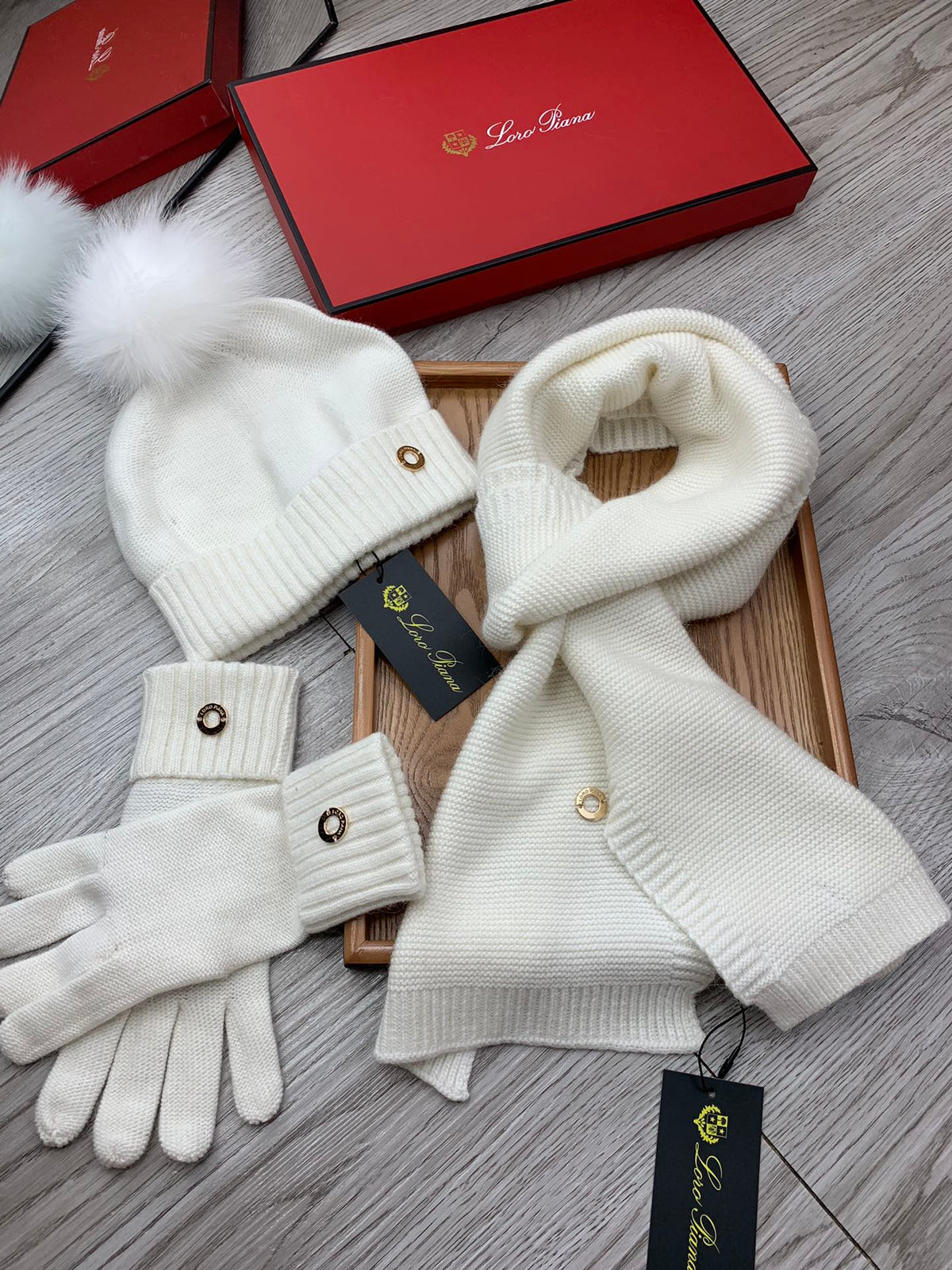 Loro Piana Hat Scarf Gloves Set White Knit Fur 475087