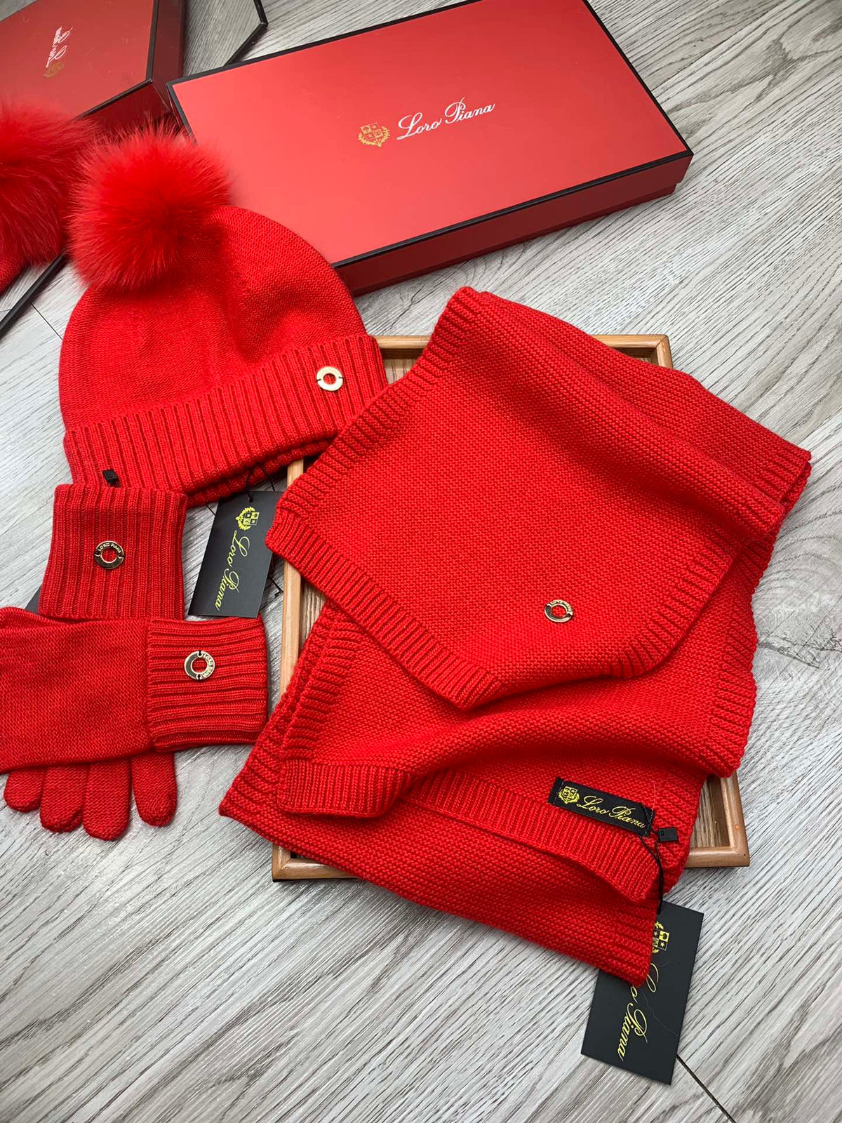Loro Piana Hat Scarf Gloves Set Red Knit Fur 475085