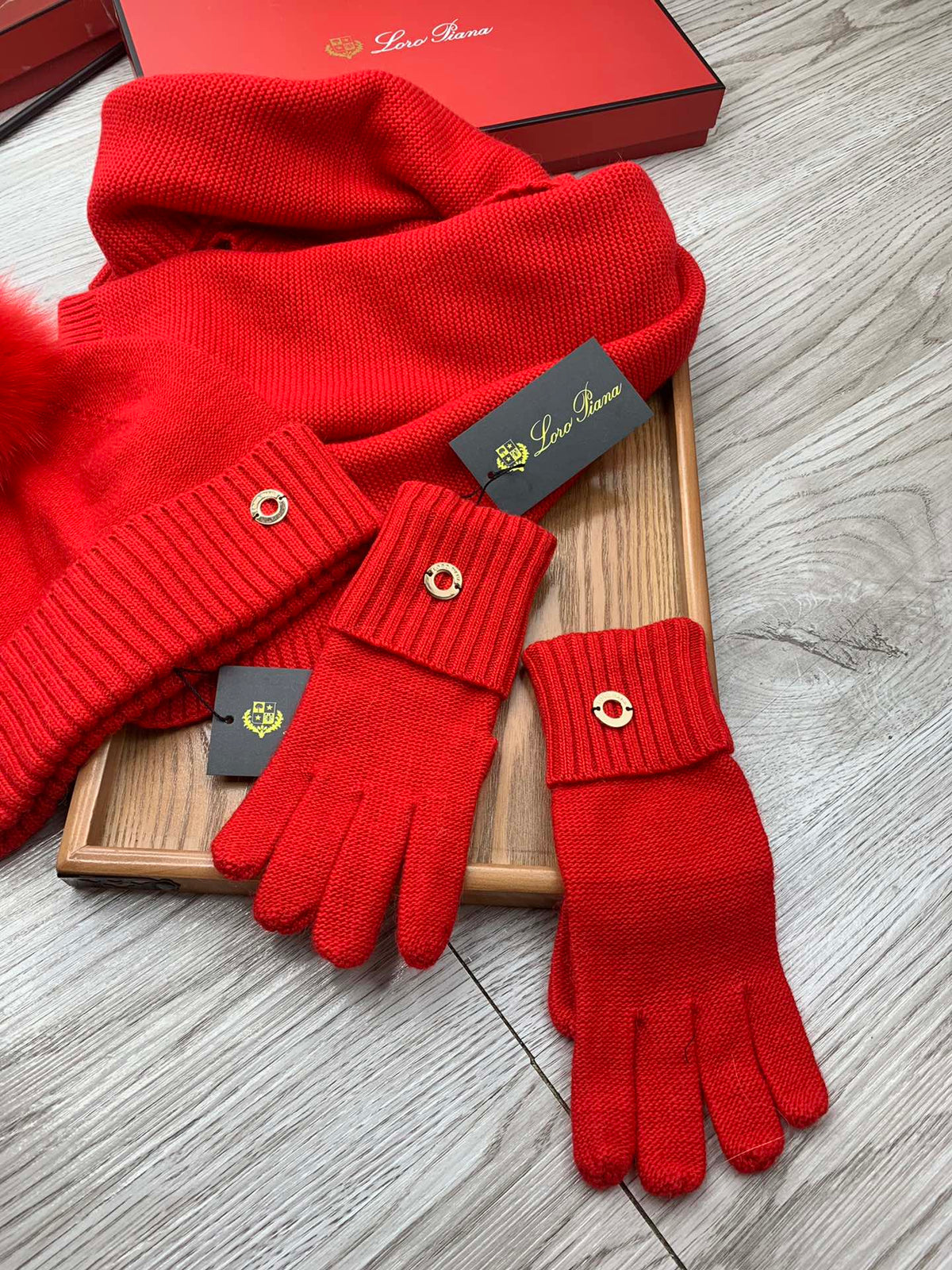 Loro Piana Hat Scarf Gloves Set Red Knit Fur 475085