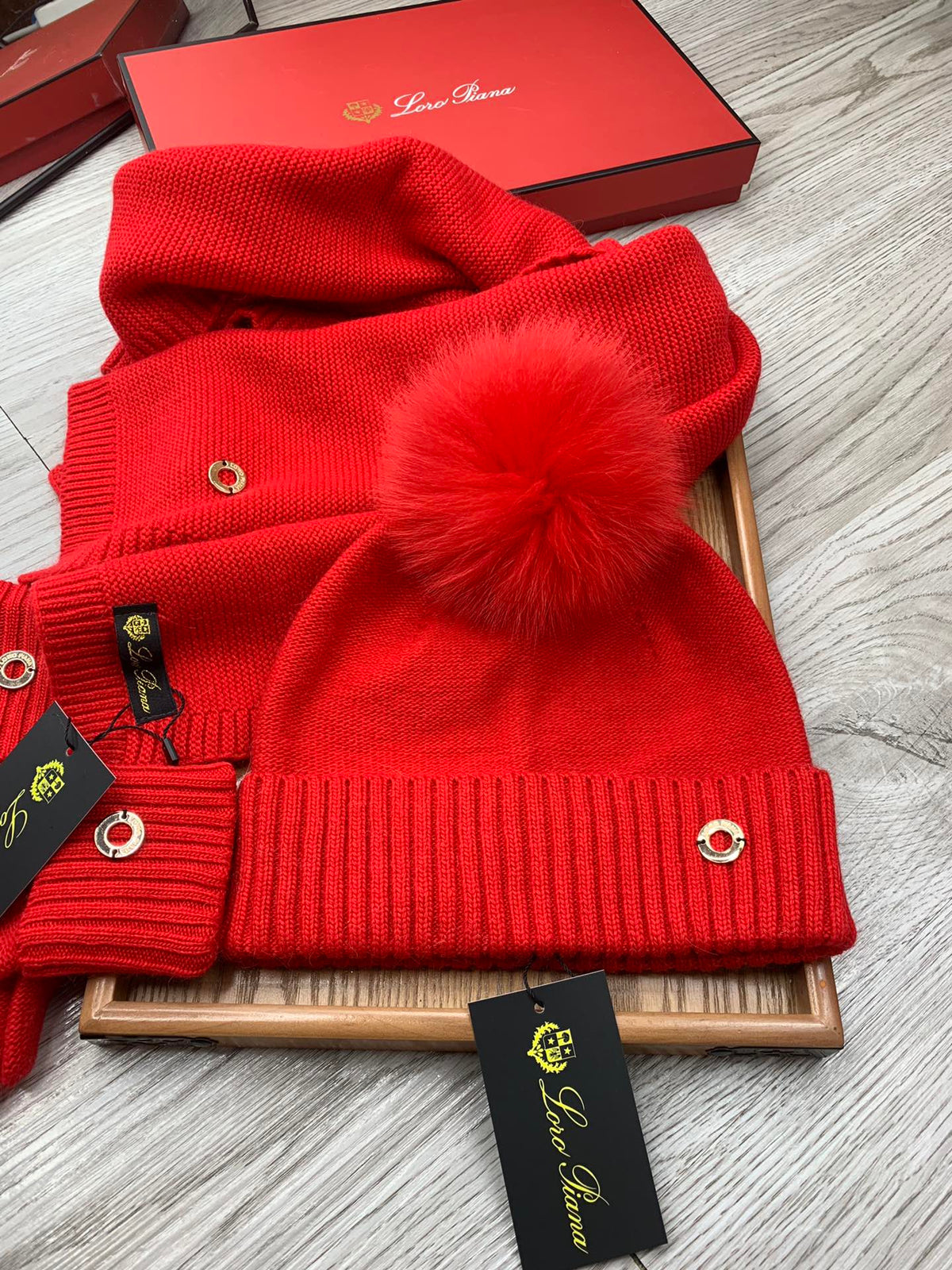 Loro Piana Hat Scarf Gloves Set Red Knit Fur 475085