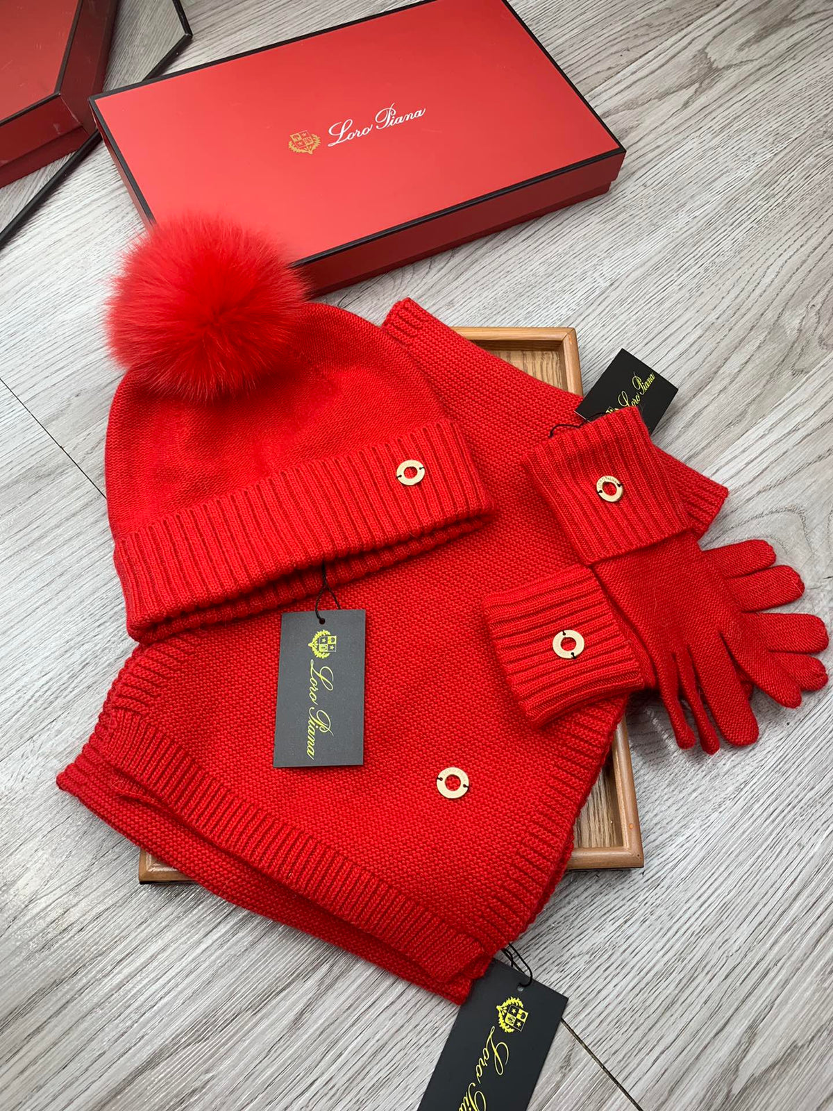 Loro Piana Hat Scarf Gloves Set Red Knit Fur 475085