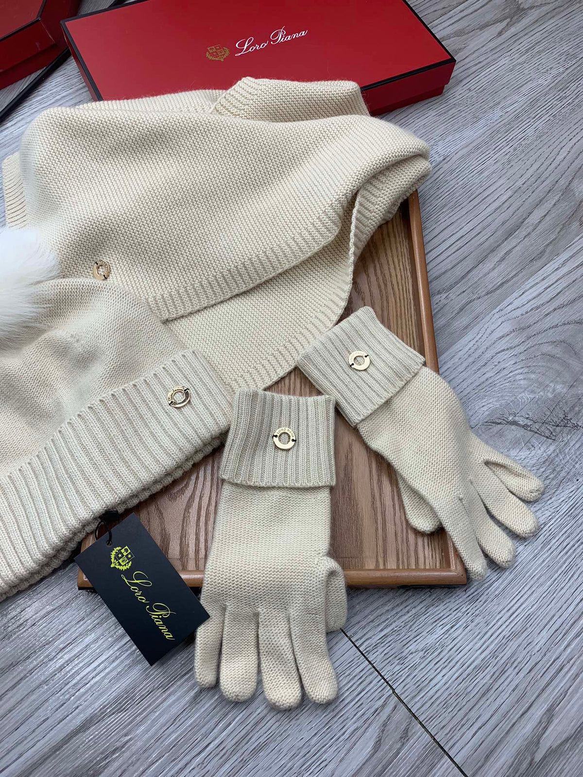 Loro Piana Hat Scarf Gloves Set Light Beige Knit Fur 475084