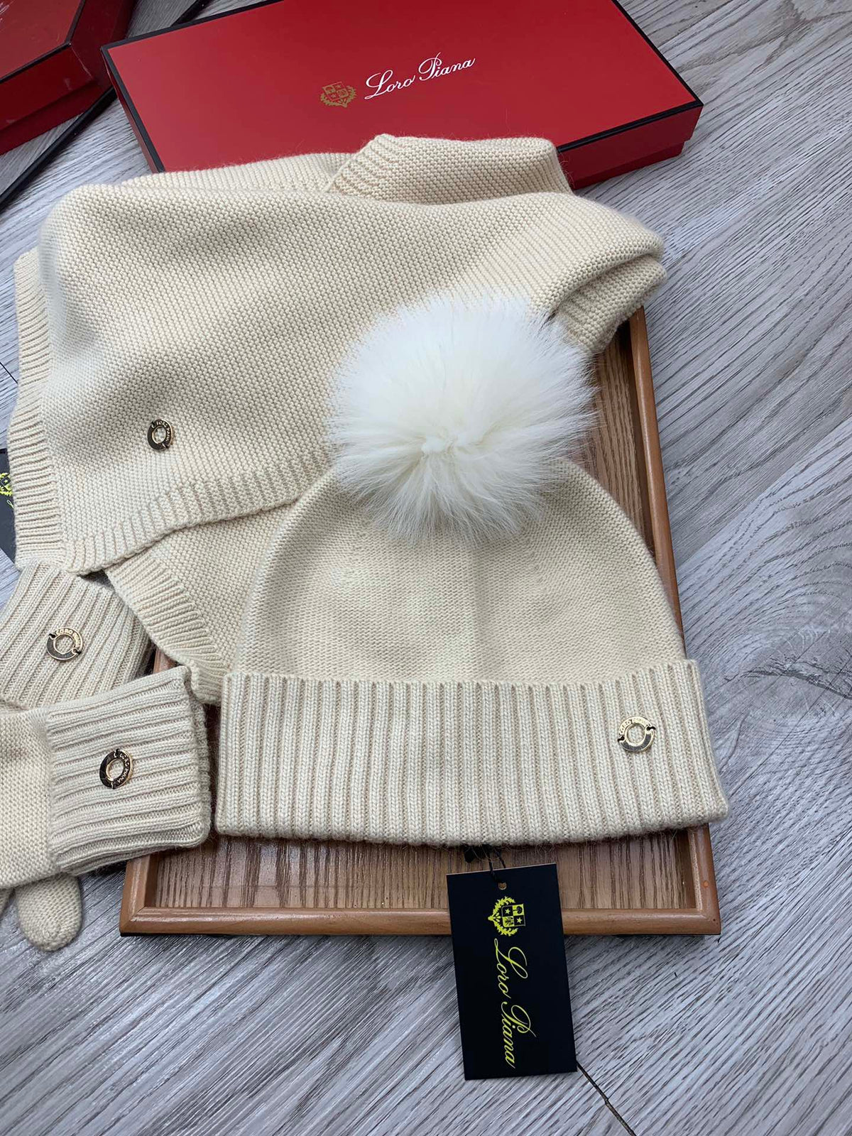 Loro Piana Hat Scarf Gloves Set Light Beige Knit Fur 475084
