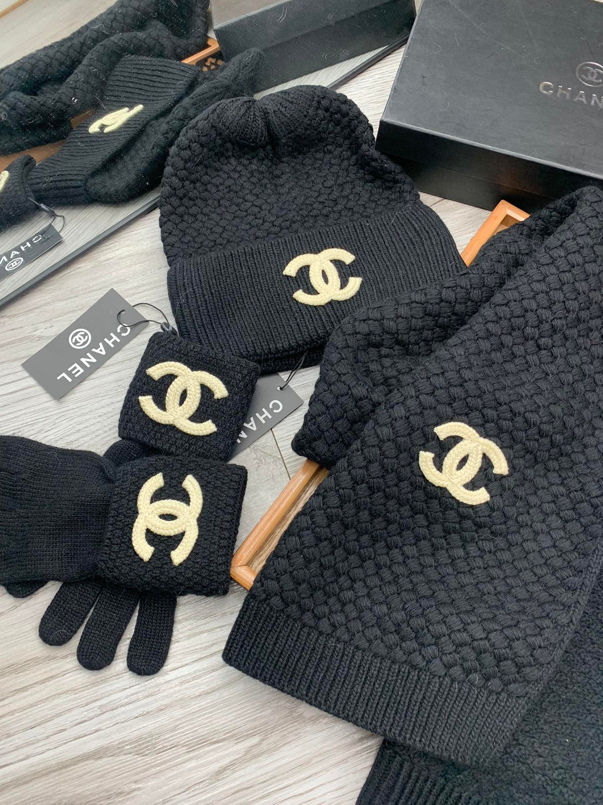 CC Hat Scarf Gloves Set Black Knit Gold Logo 475105