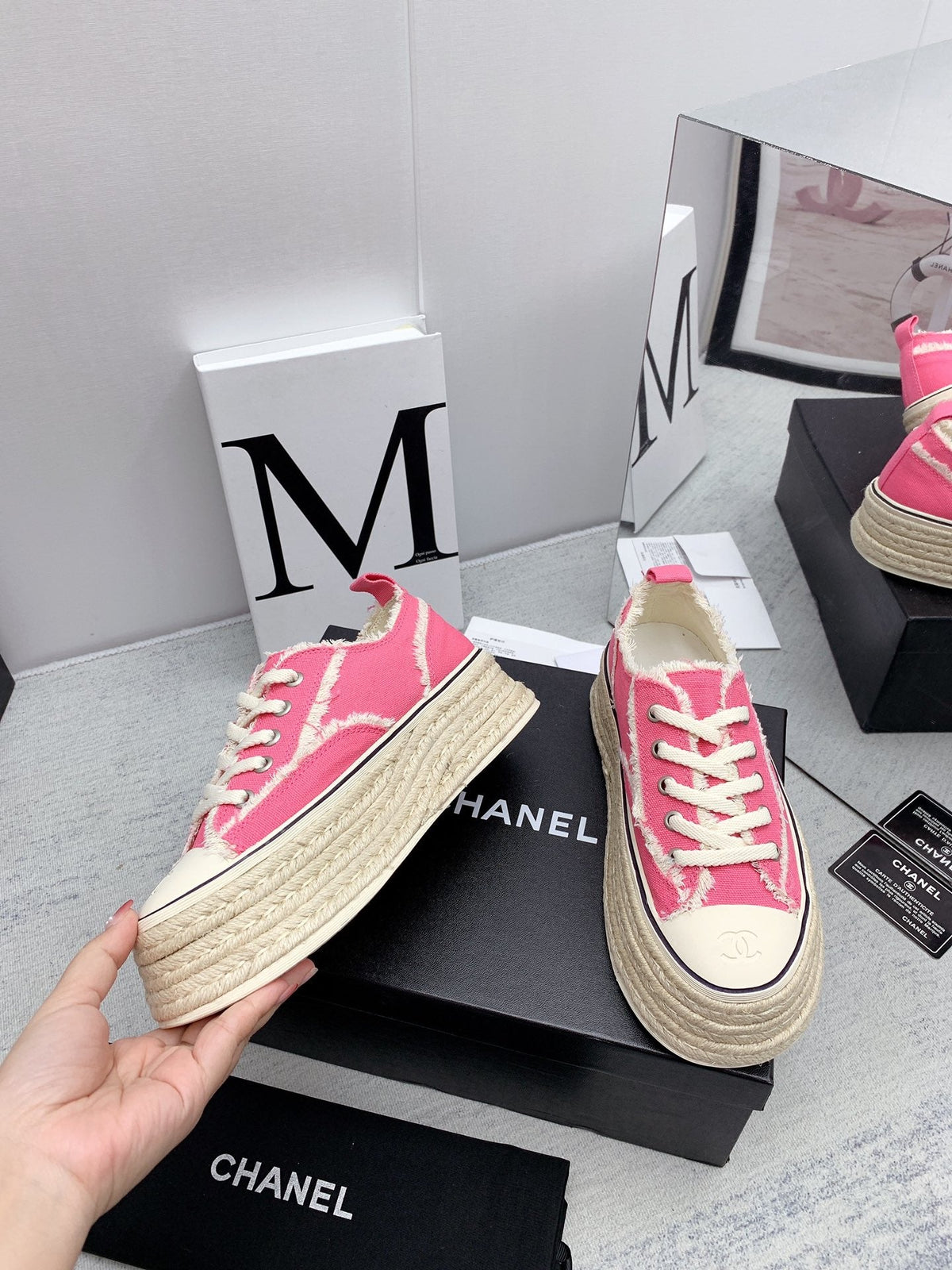 CC 2026 Logo Platform Sneakers Pink Fringed Trim Canvas 161702