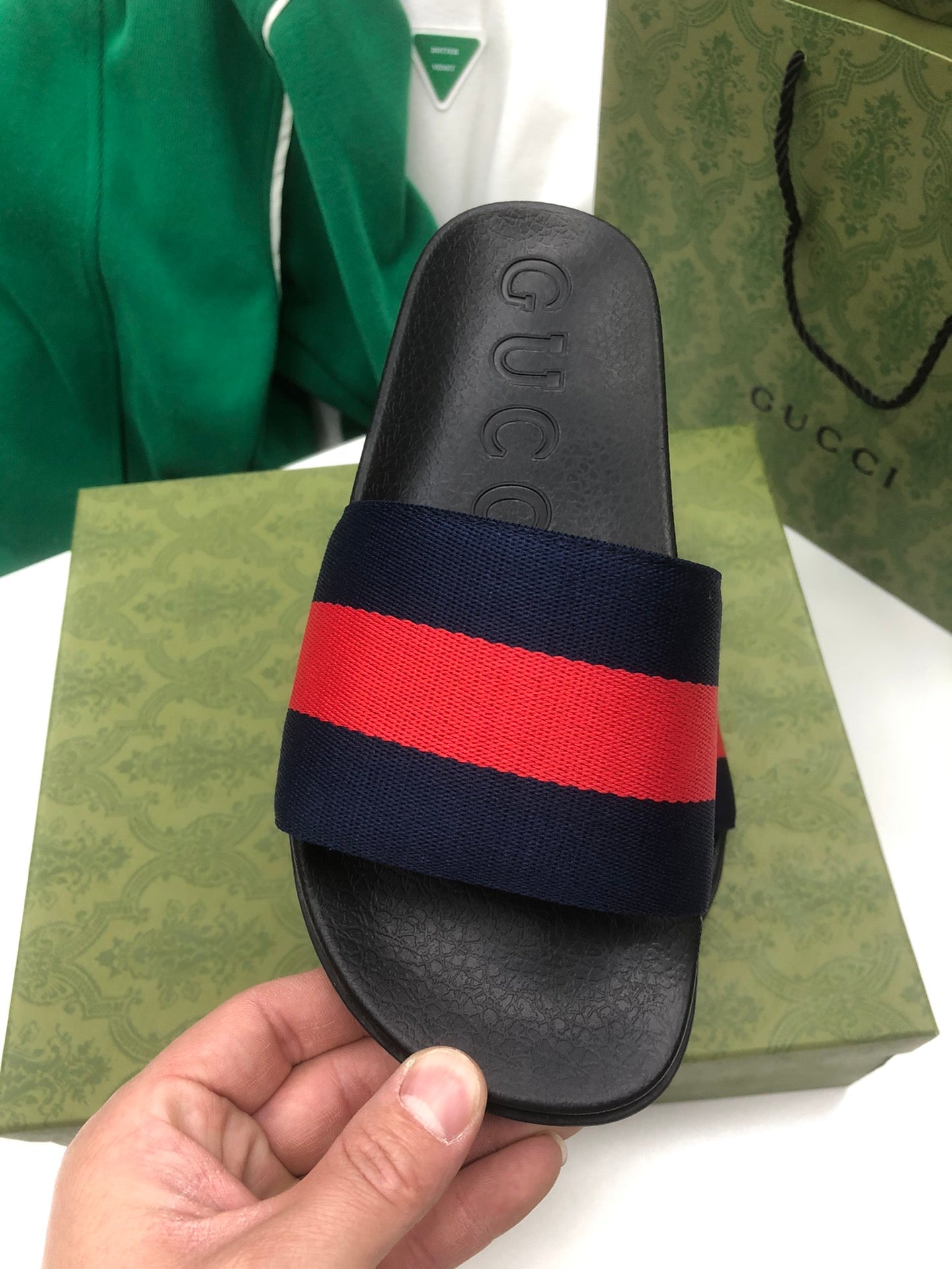 GG Web Slide Sandals Black Red Rubber Cotton 788218