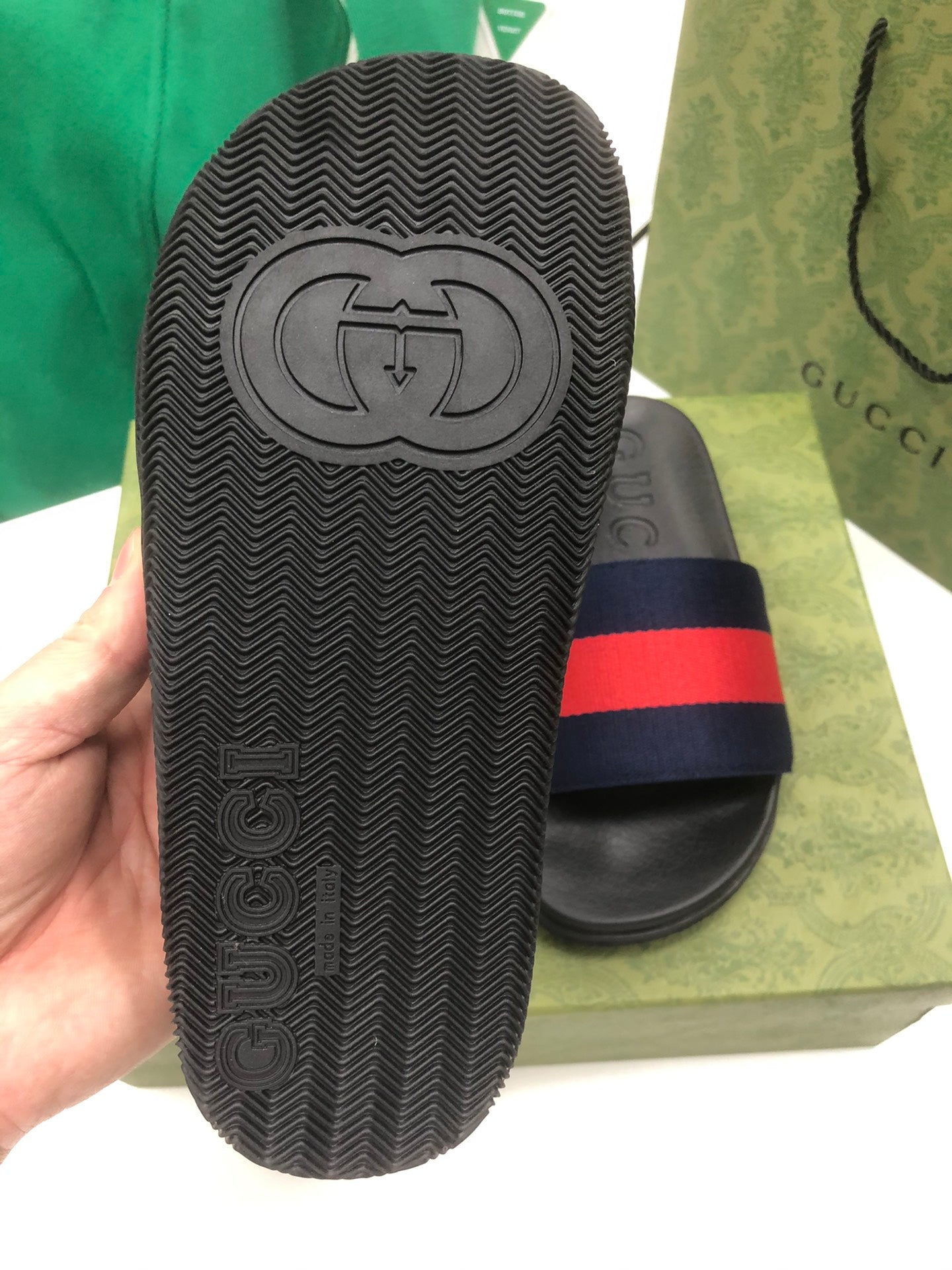 GG Web Slide Sandals Black Red Rubber Cotton 788218