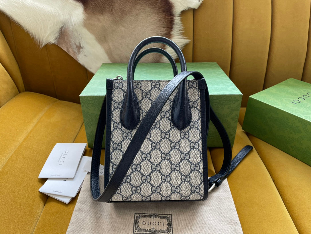 MINI TOTE 20 BAG IN BEIGE CANVAS AND BLACK CALFSKIN