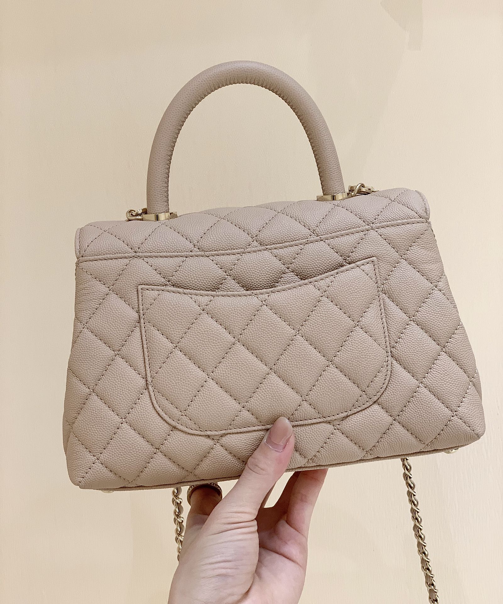 CC Coco Hanle Small 23cm Light Beige Grained Calfskin Gold Hardware