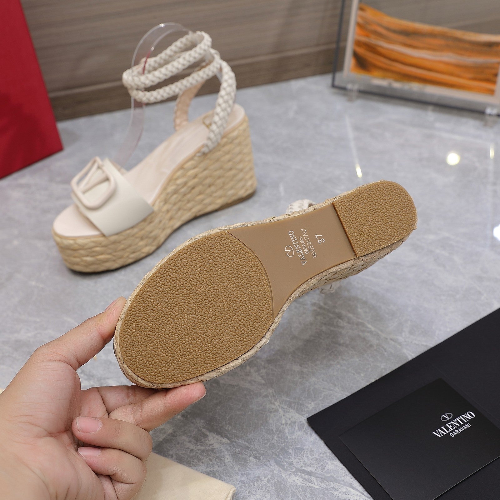 VT Wedge Platform Sandals White Cowhide Espadrilles