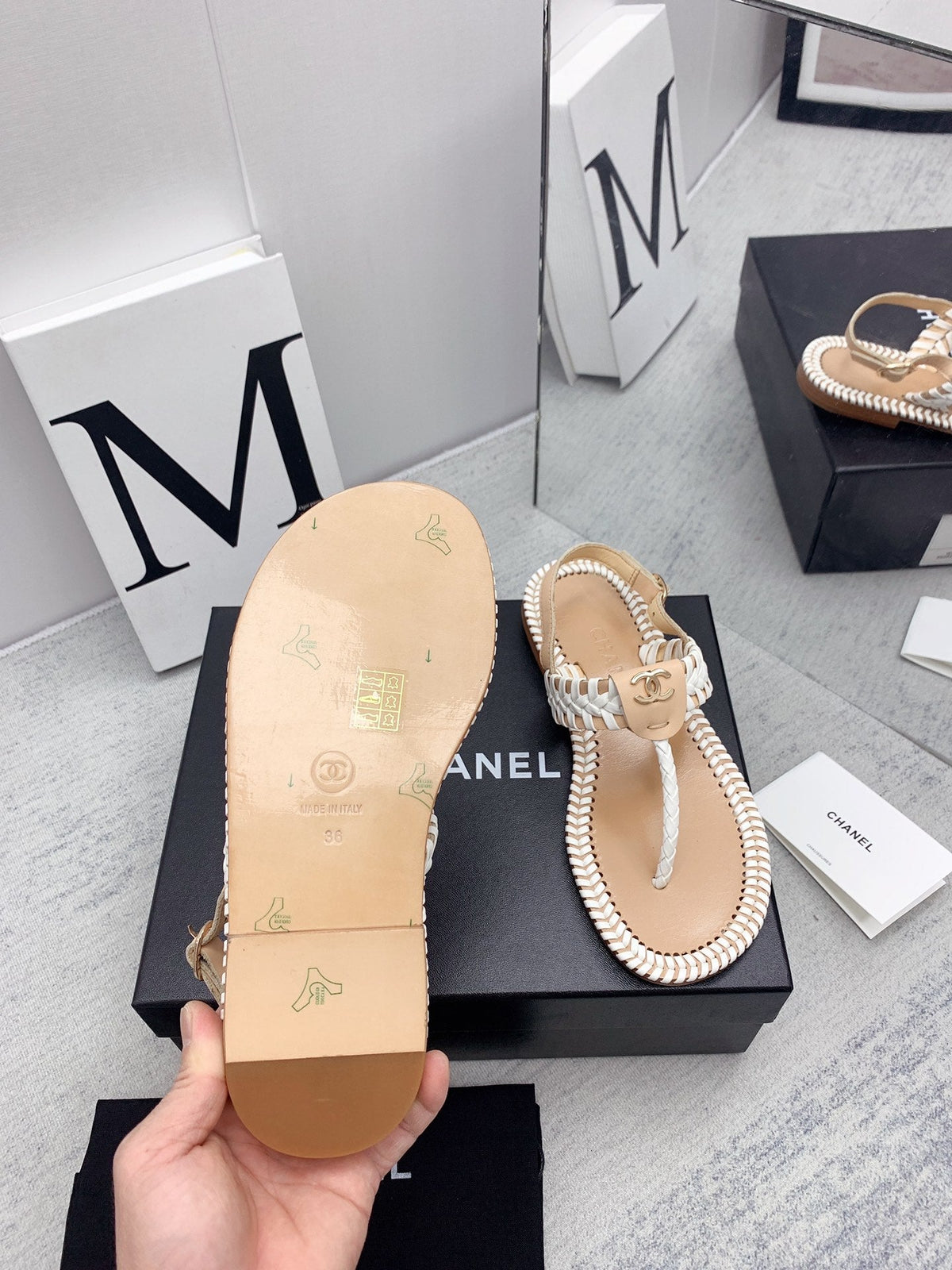 CC 26s Thong Sandals Beige White Interlocking Leather 160000