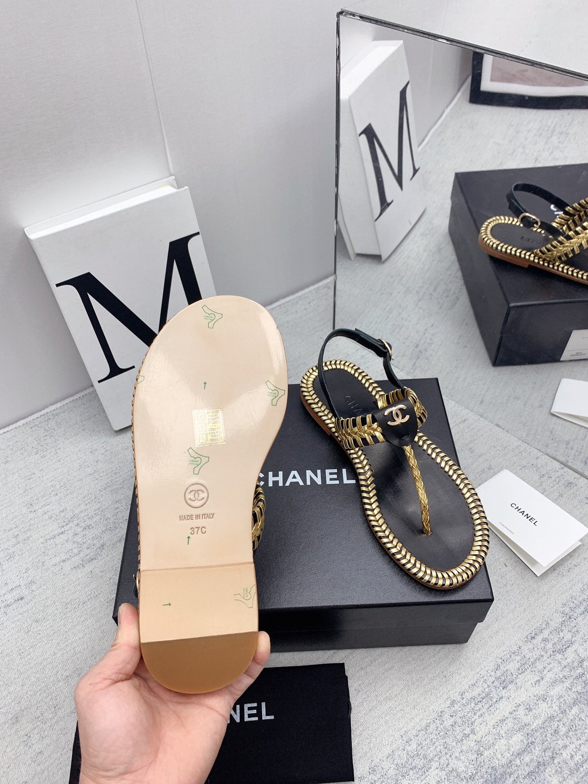 CC 26s Thong Sandals Black Gold Interlocking Leather 159999