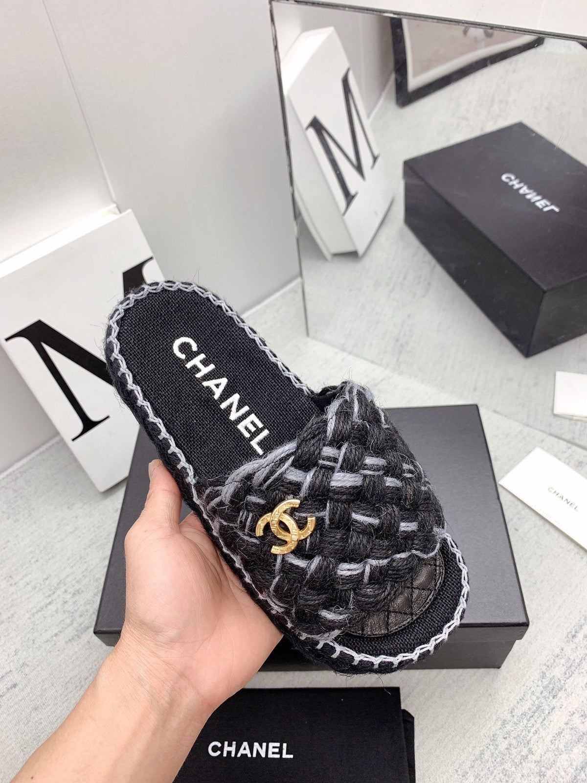 CC 26s Mules Black Grey Interlocking Fabric Lambskin 159998