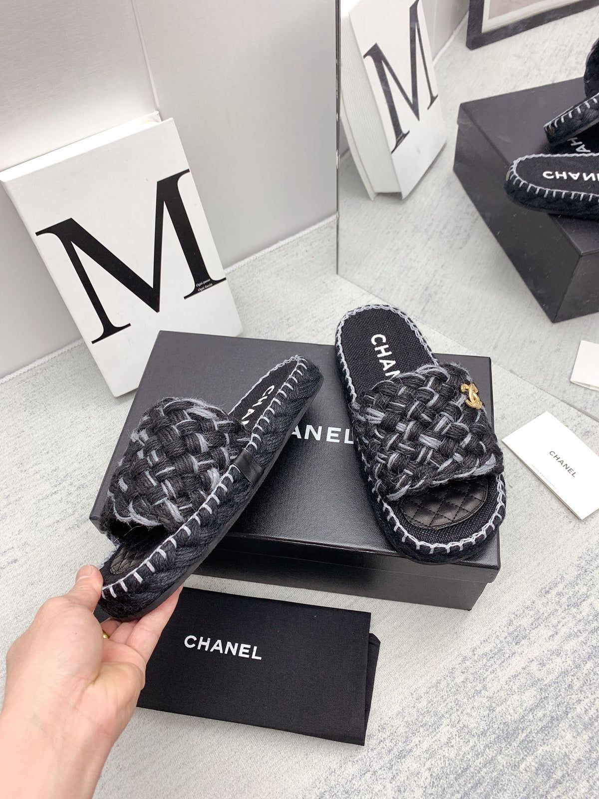 CC 26s Mules Black Grey Interlocking Fabric Lambskin 159998