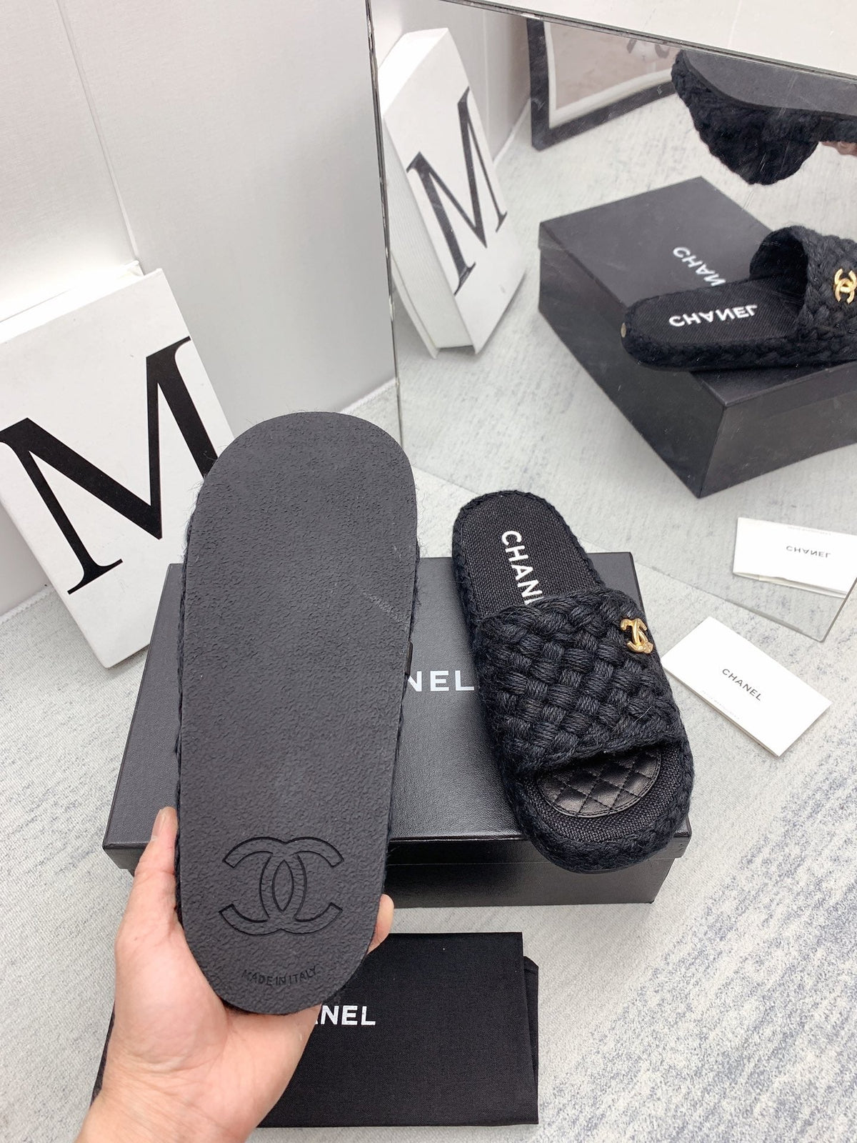 CC 26s Mules Black Interlocking Fabric Lambskin 160004
