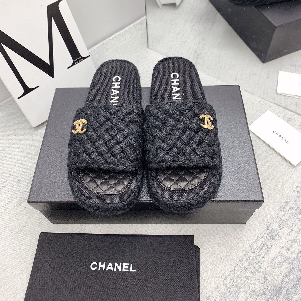 CC 26s Mules Black Interlocking Fabric Lambskin 160004