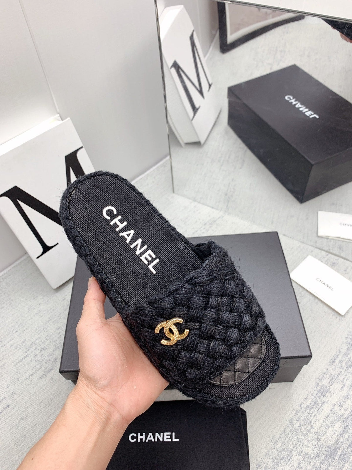 CC 26s Mules Black Interlocking Fabric Lambskin 160004