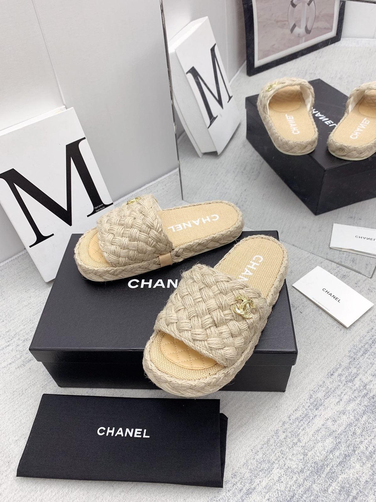 CC 26s Mules Beige Interlocking Fabric Lambskin 160005