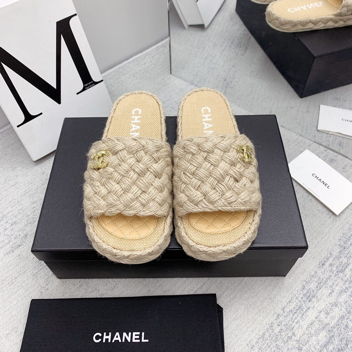 CC 26s Mules Beige Interlocking Fabric Lambskin 160005