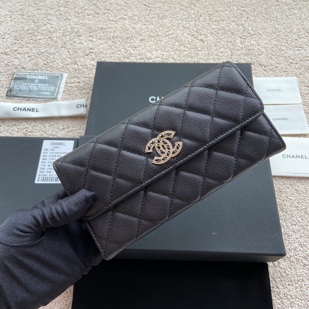 CC Classic Long Wallet 19cm Black Grained Calfskin