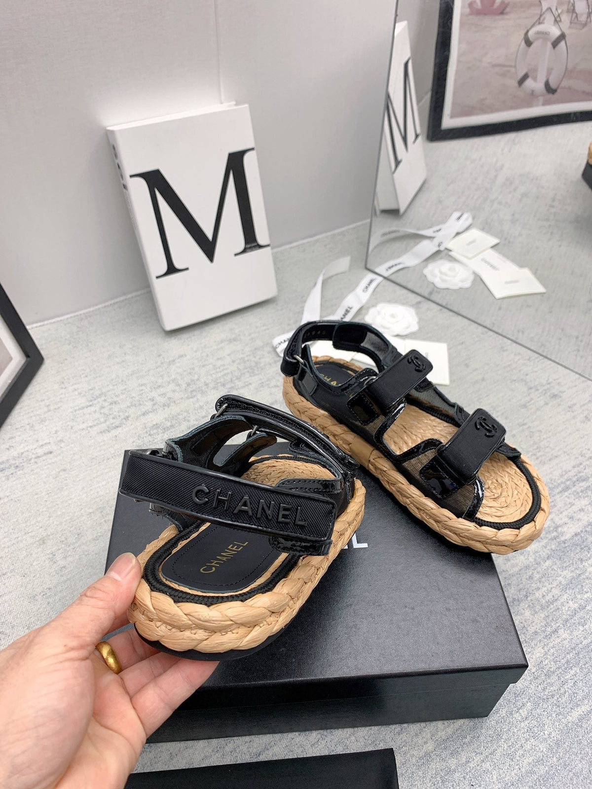 CC 26s Dad Sandals Black Fabric Patent Cord 160038