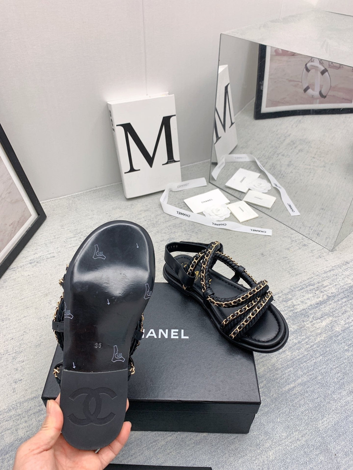 CC 26s Strappy Sandals Black Gold Interlocking Chain Lambskin 160055