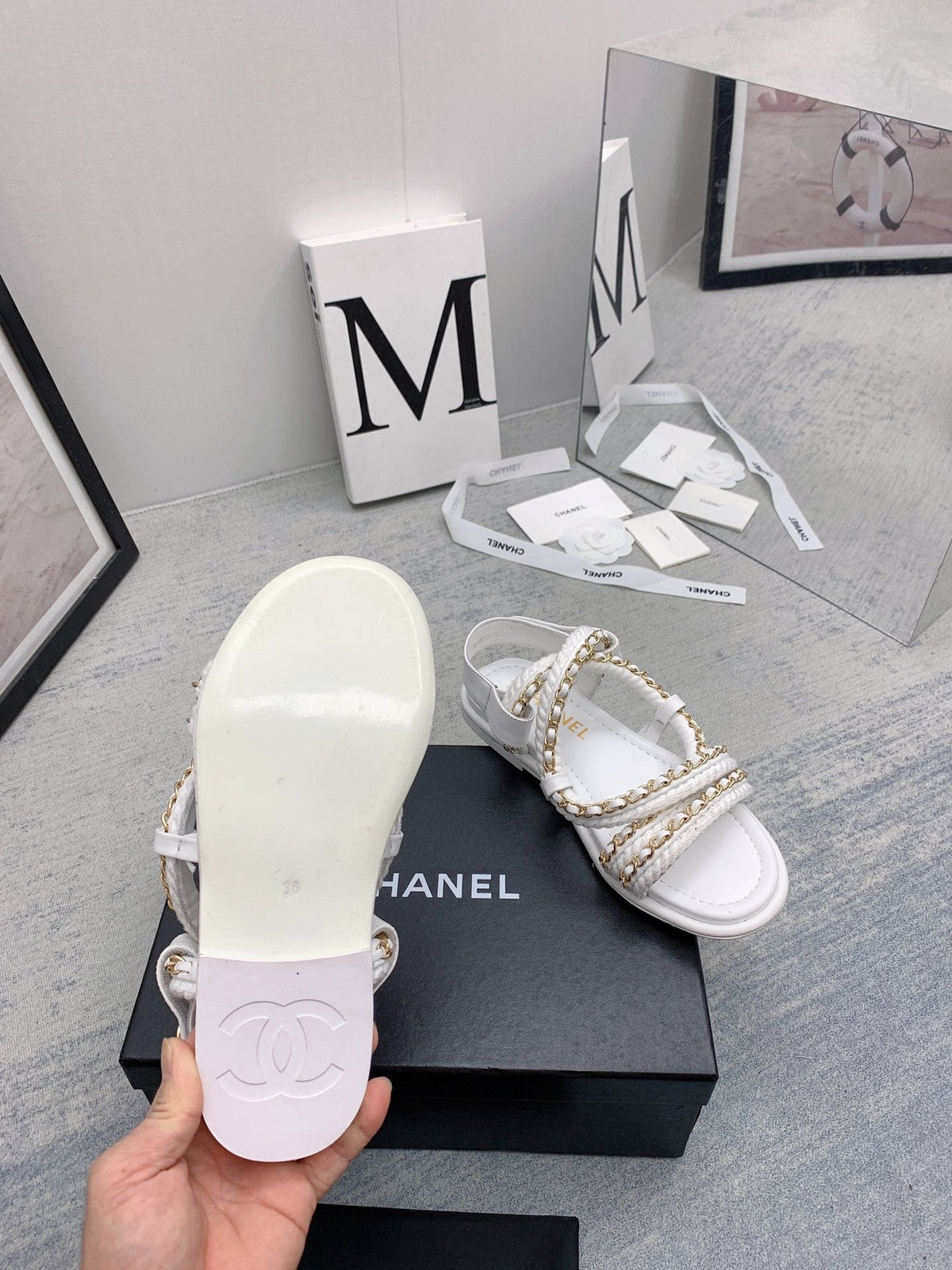 CC 26s Strappy Sandals White Gold Interlocking Chain Lambskin 160057