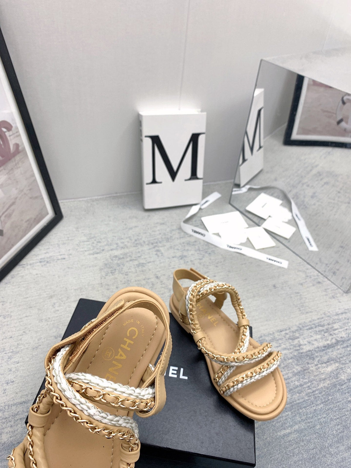 CC 26s Strappy Sandals Beige Gold Interlocking Chain Lambskin 160056