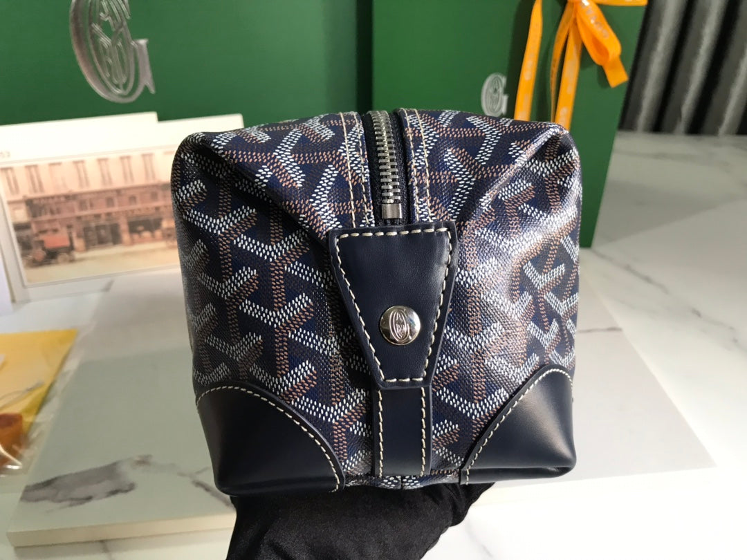 Goyard Bowling 25 Toiletry Bag Navy Blue Canvas & Calfskin