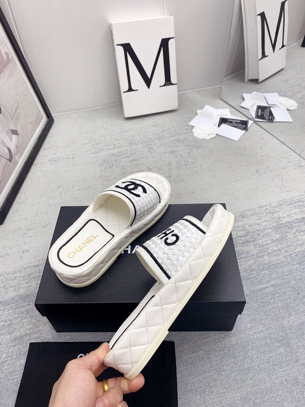 CC 26s Mules White Black Fabric Lambskin 160066