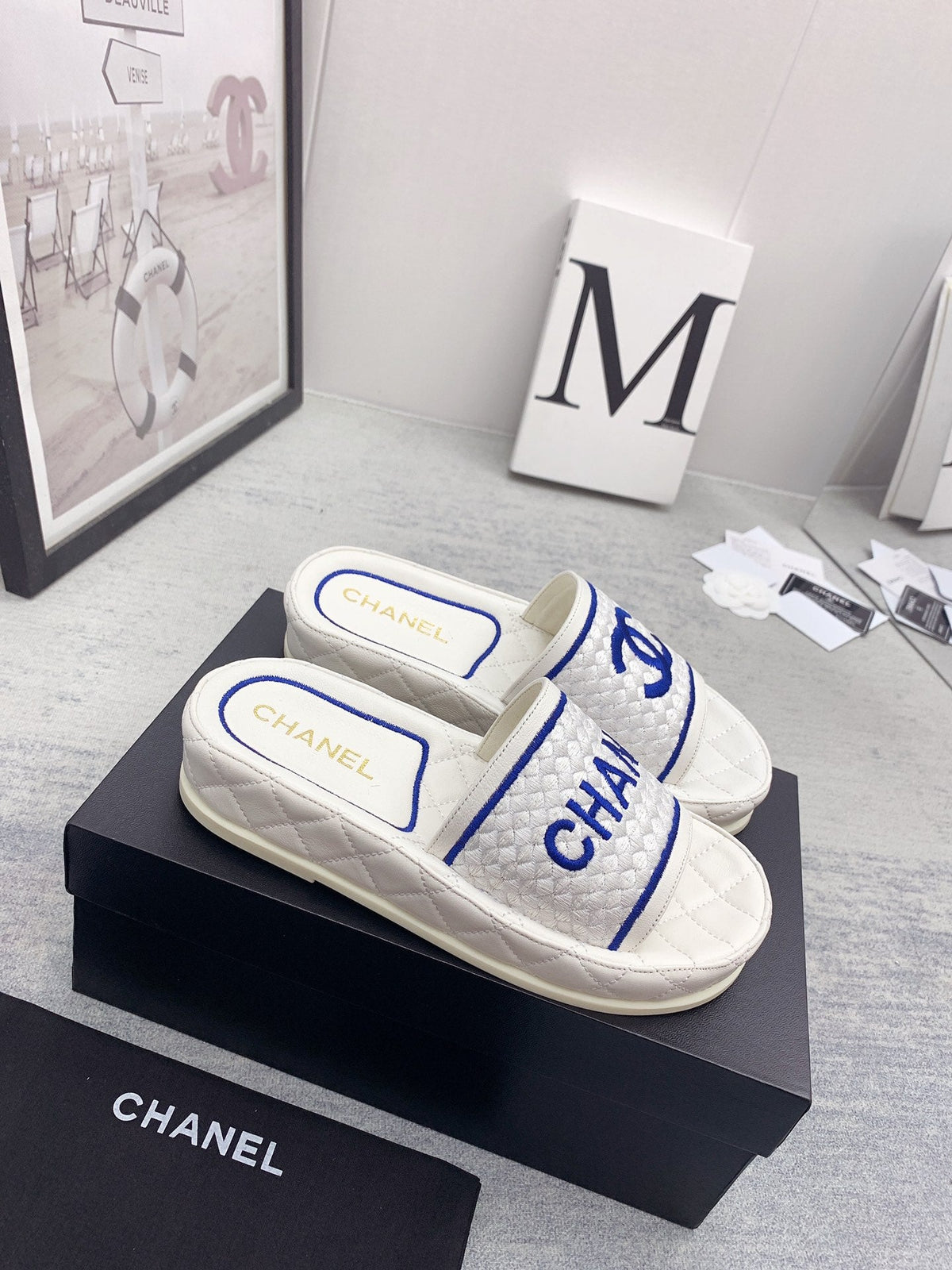 CC 26s Mules White Blue Fabric Lambskin 160067