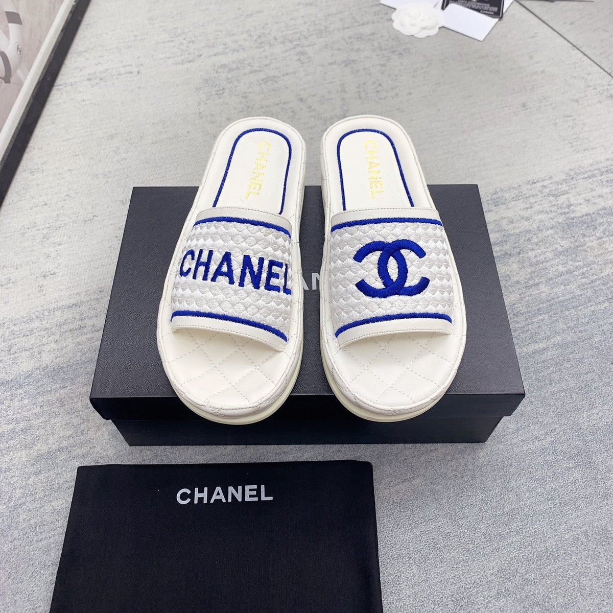 CC 26s Mules White Blue Fabric Lambskin 160067