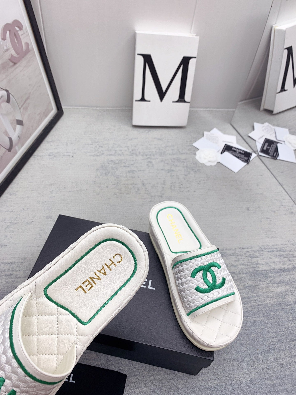 CC 26s Mules White Green Fabric Lambskin 160069
