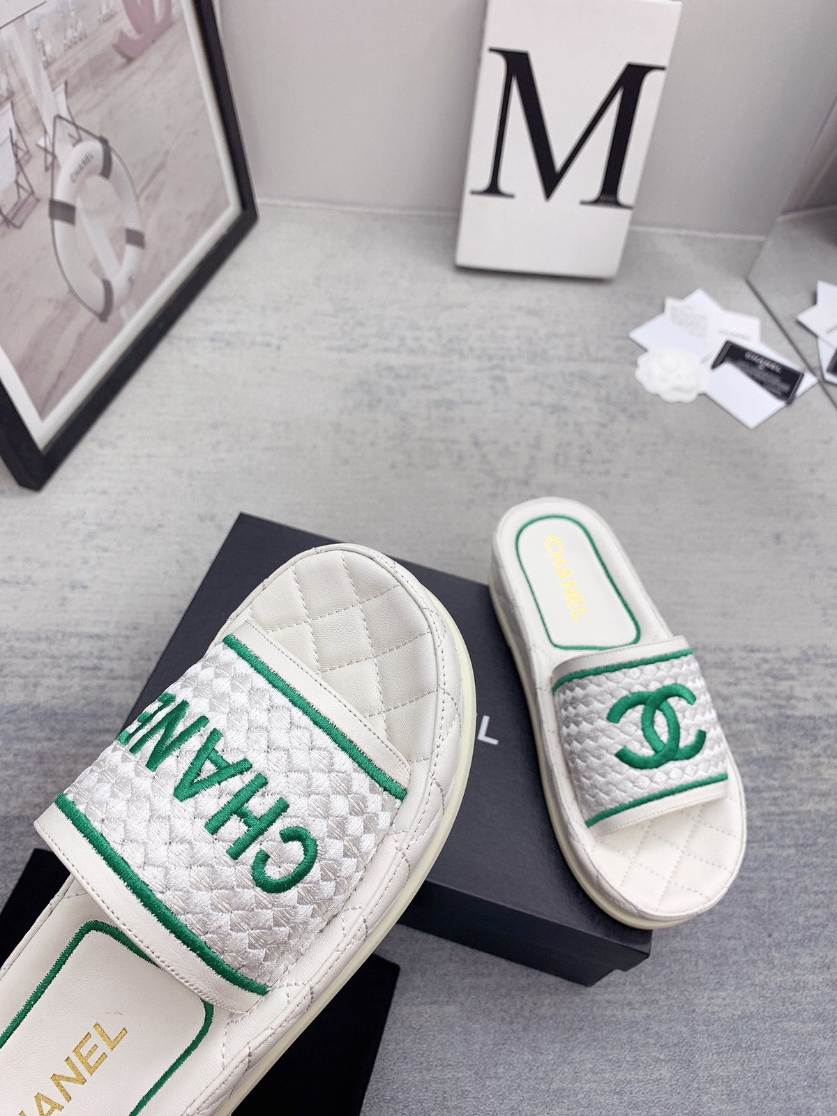 CC 26s Mules White Green Fabric Lambskin 160069