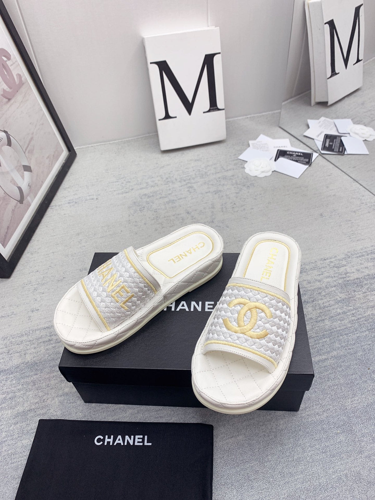 CC 26s Mules White Gold Fabric Lambskin 160068