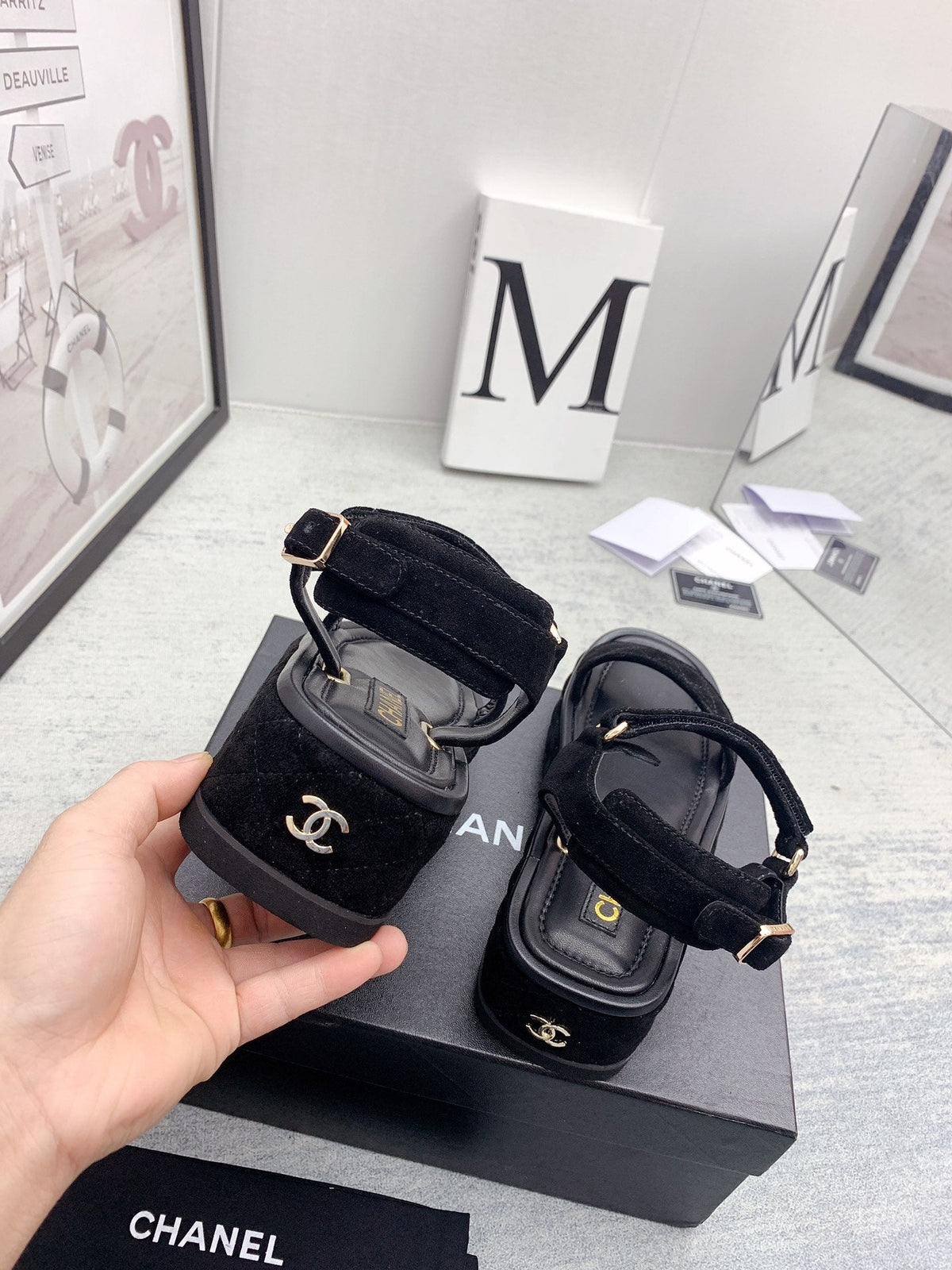 CC 26s Platform Sandals Black Quilted Suede Leather 160084
