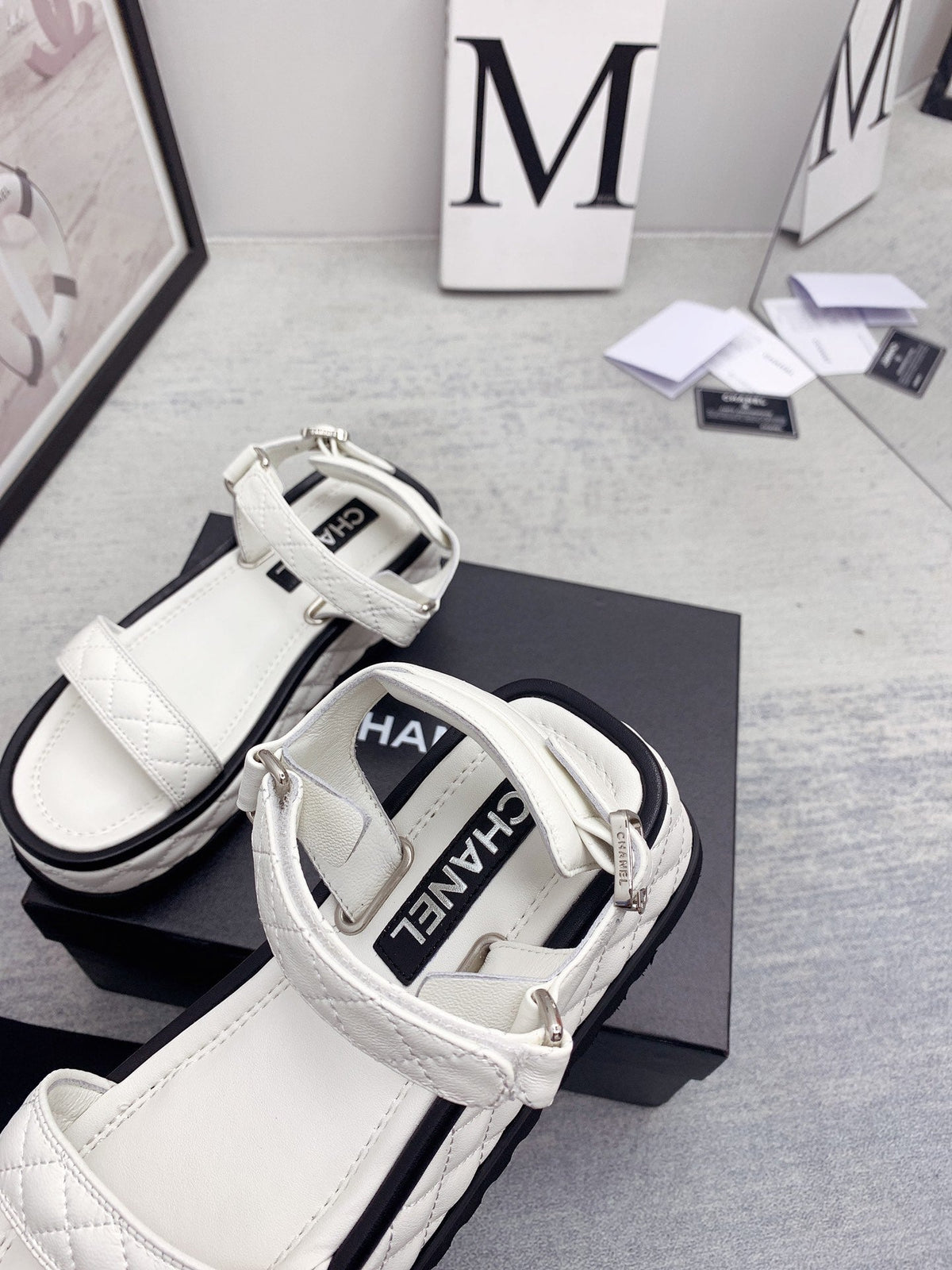 CC 26s Platform Sandals White Black Quilted Lambskin 160085