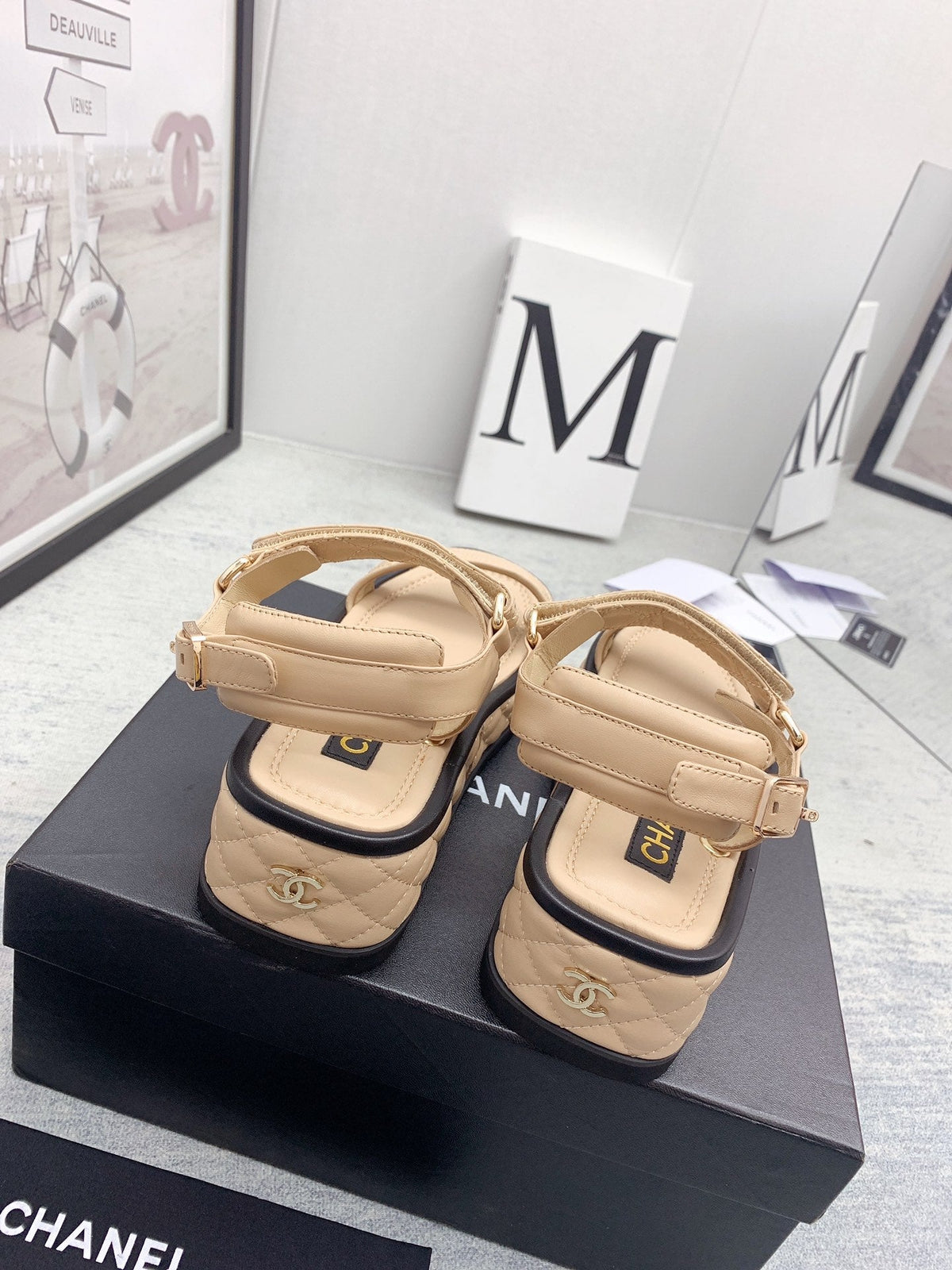 CC 26s Platform Sandals Beige Black Quilted Lambskin 160082