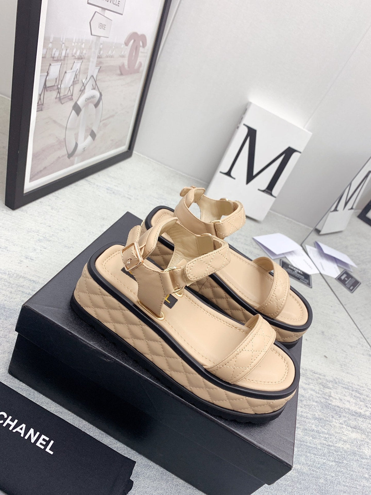 CC 26s Platform Sandals Beige Black Quilted Lambskin 160082