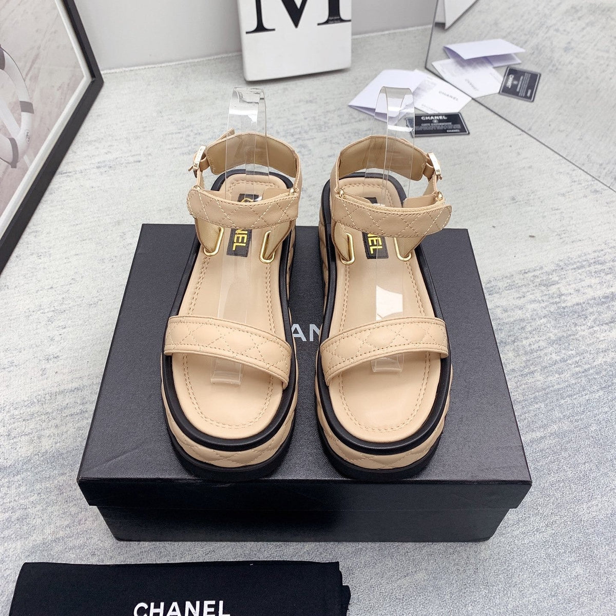 CC 26s Platform Sandals Beige Black Quilted Lambskin 160082