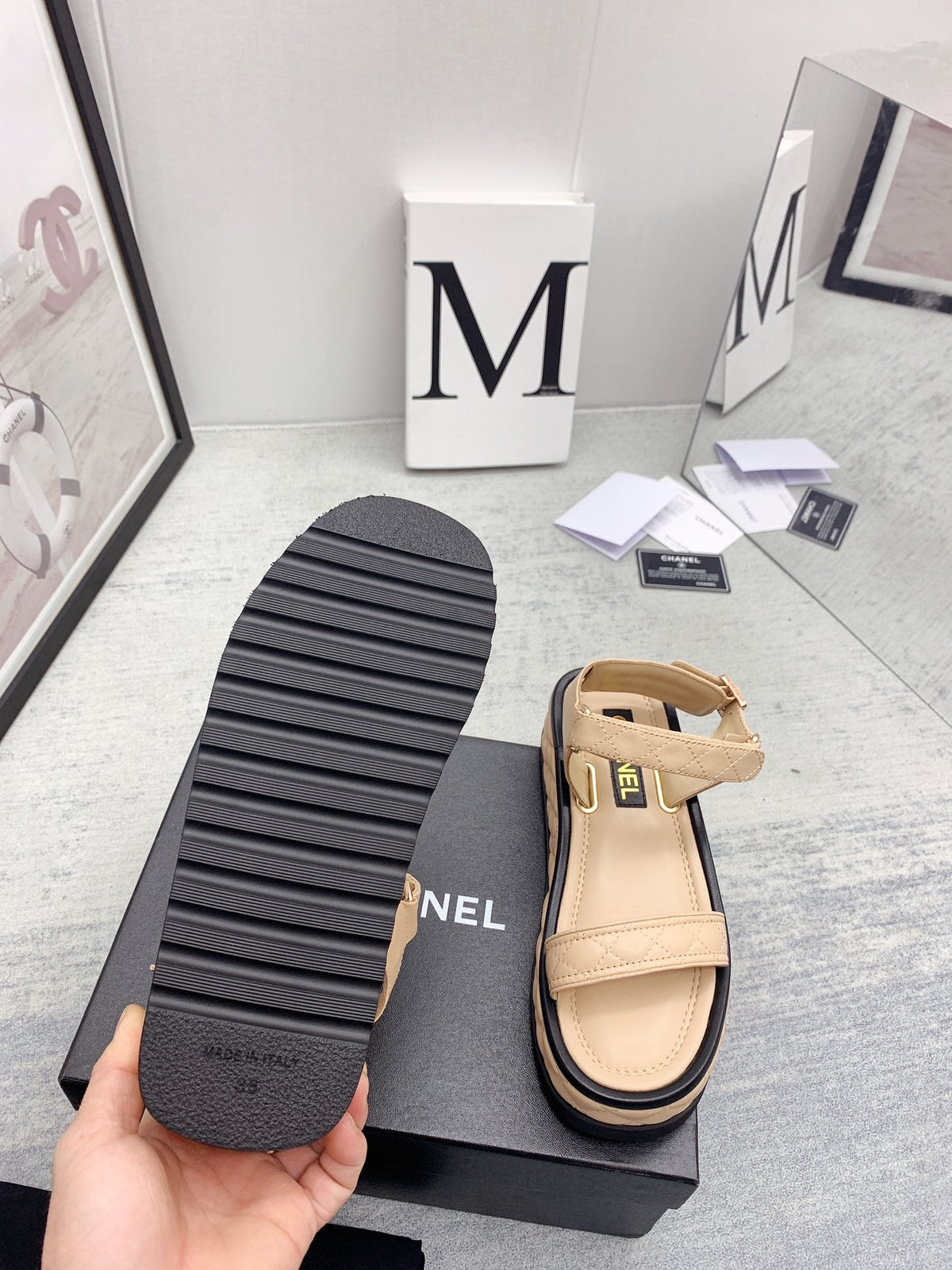 CC 26s Platform Sandals Beige Black Quilted Lambskin 160082