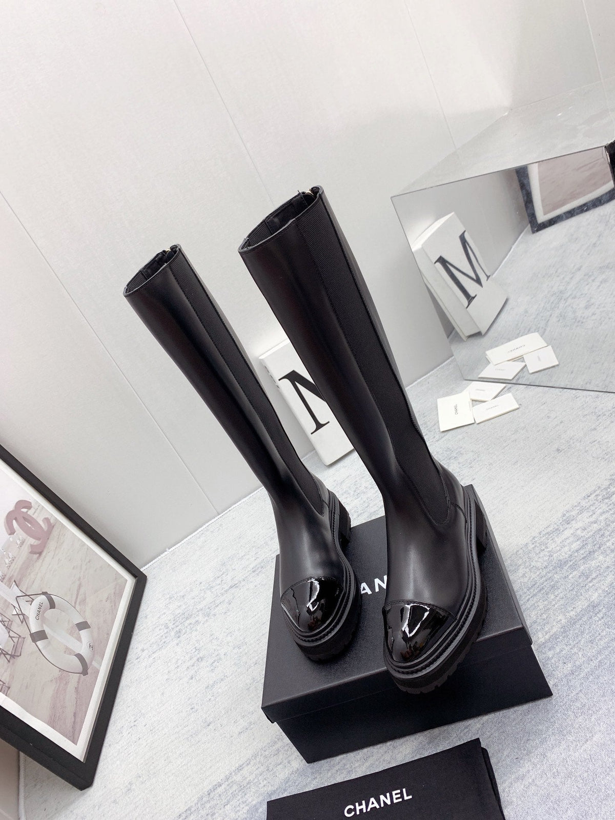 CC 26s Knee High Chelsea Boots Black Calfskin Patent Leather 160112