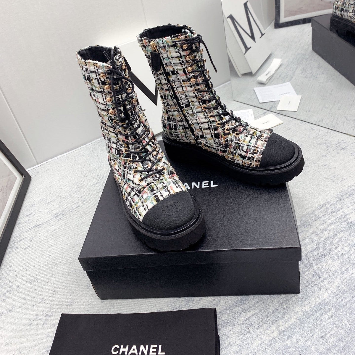 CC 26s Lace Up Combat Boots Multicolor Black Tweed Grosgrain 160116