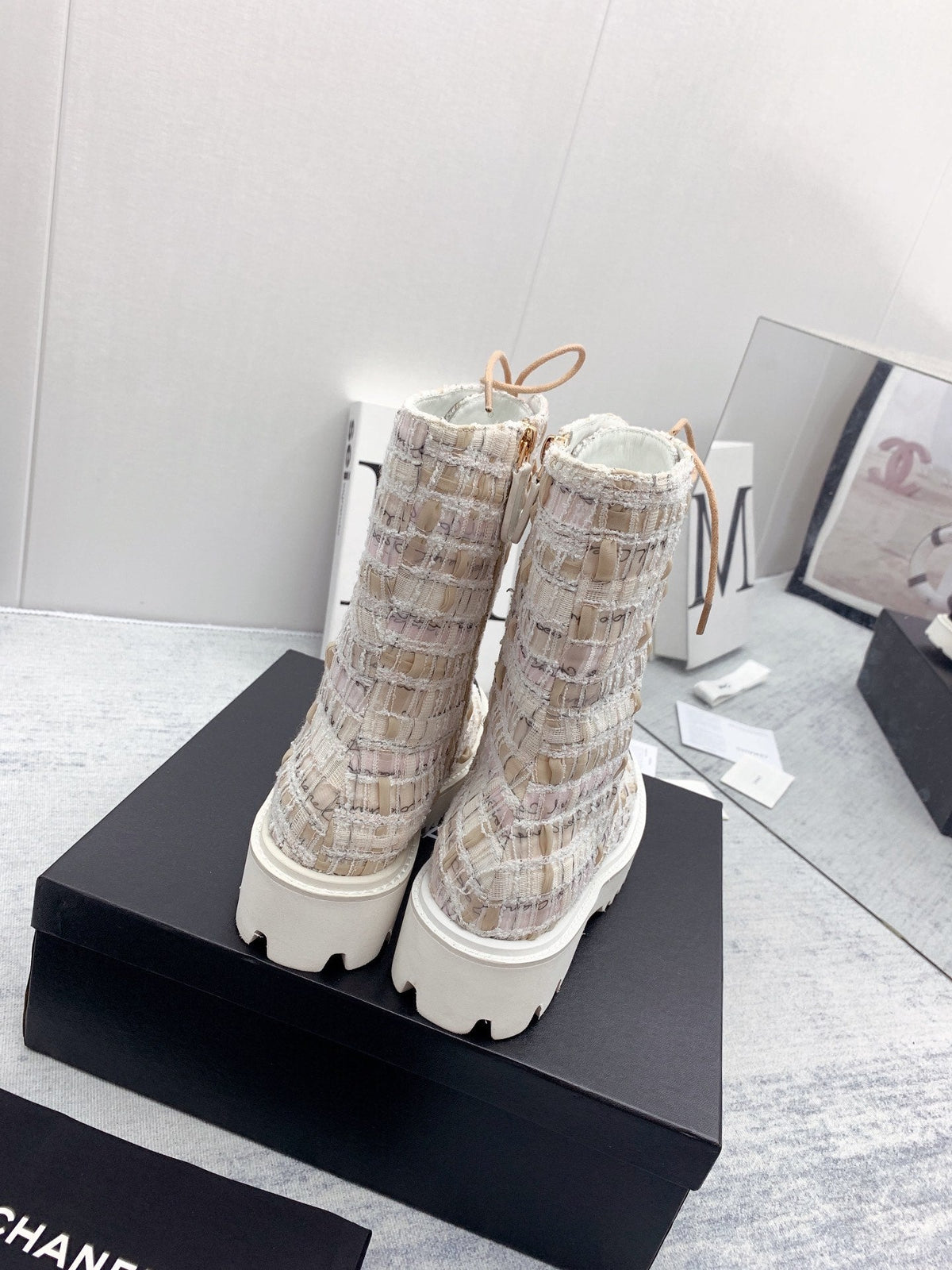 CC 26s Lace Up Combat Boots Beige Black Tweed Grosgrain 160111