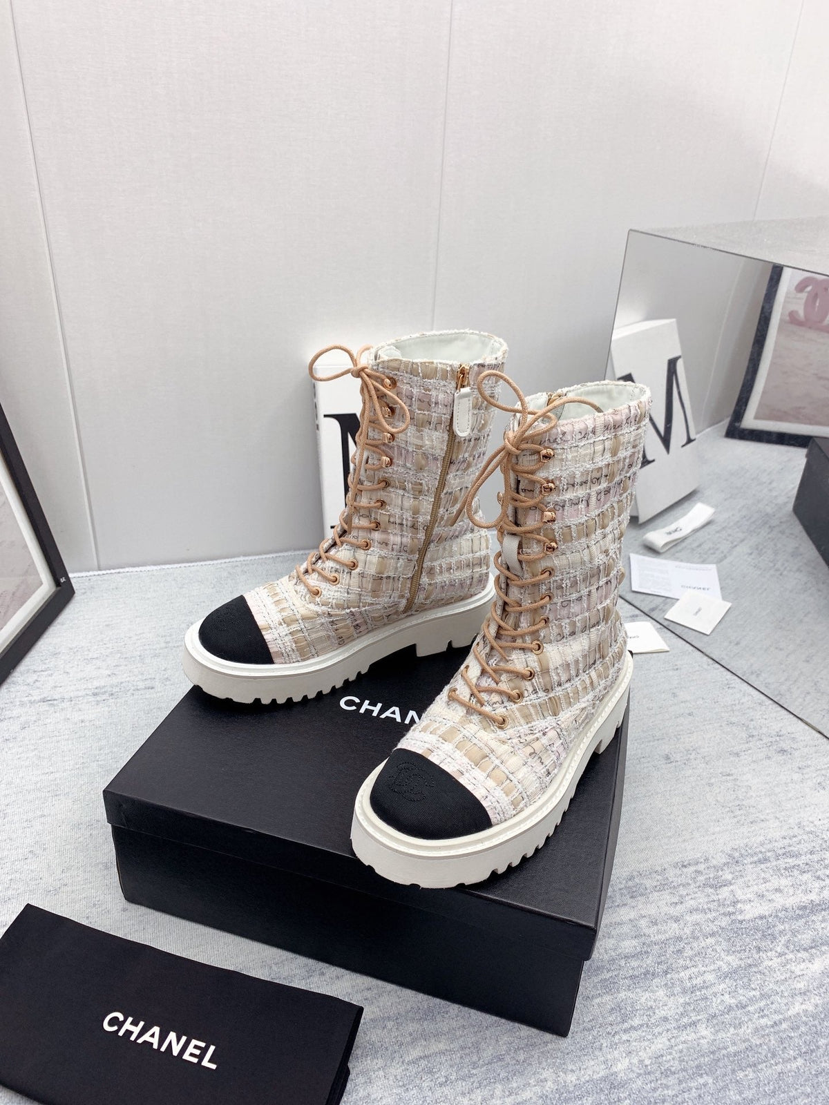 CC 26s Lace Up Combat Boots Beige Black Tweed Grosgrain 160111