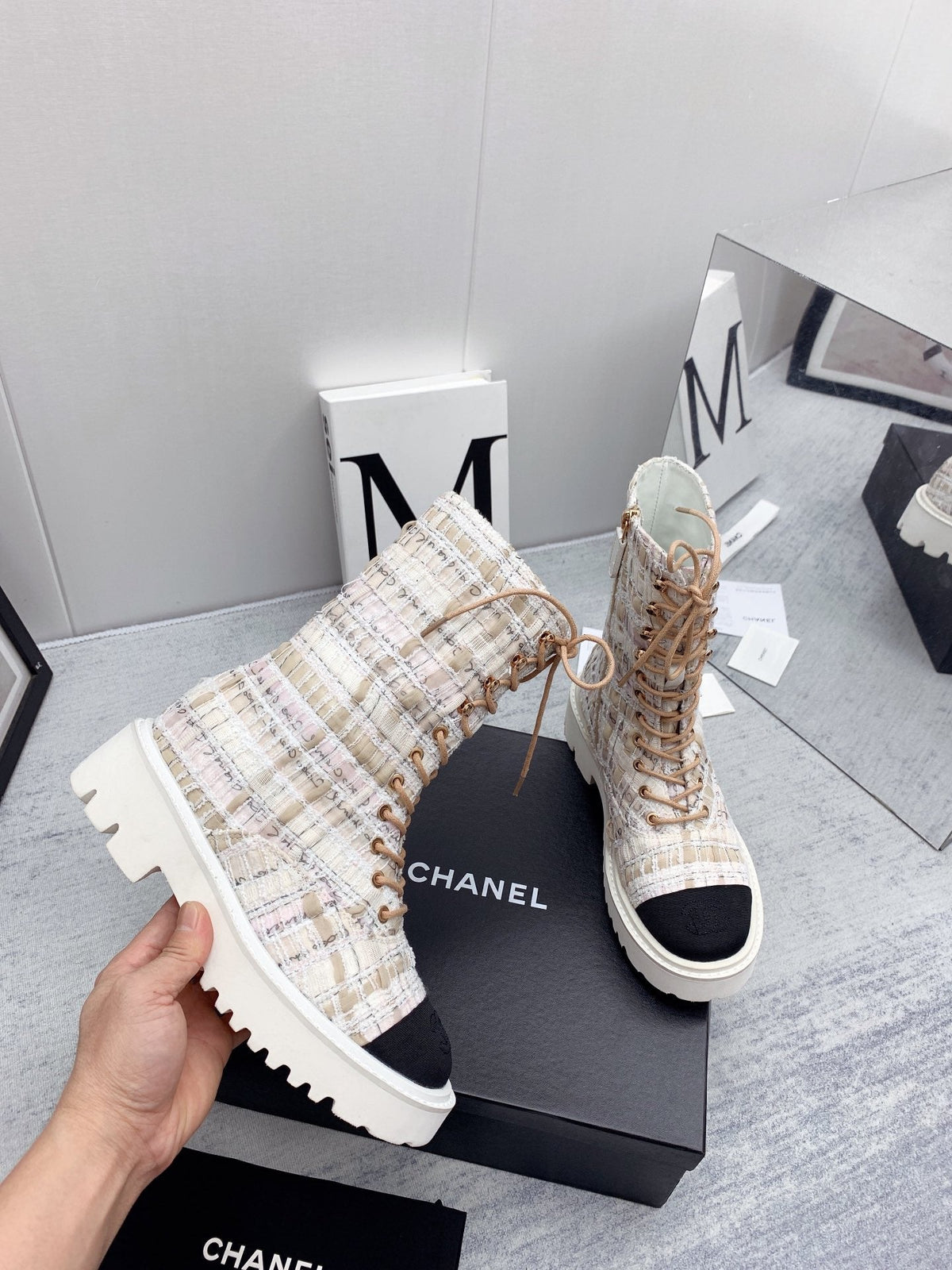 CC 26s Lace Up Combat Boots Beige Black Tweed Grosgrain 160111