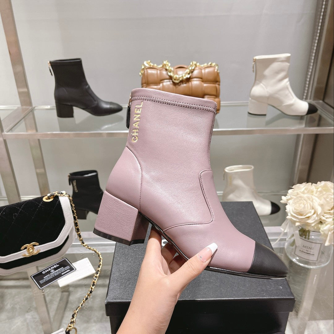 CC 26s Cap-Toe Block-Heel Ankle Boots 5cm Purple Black Leather 966882