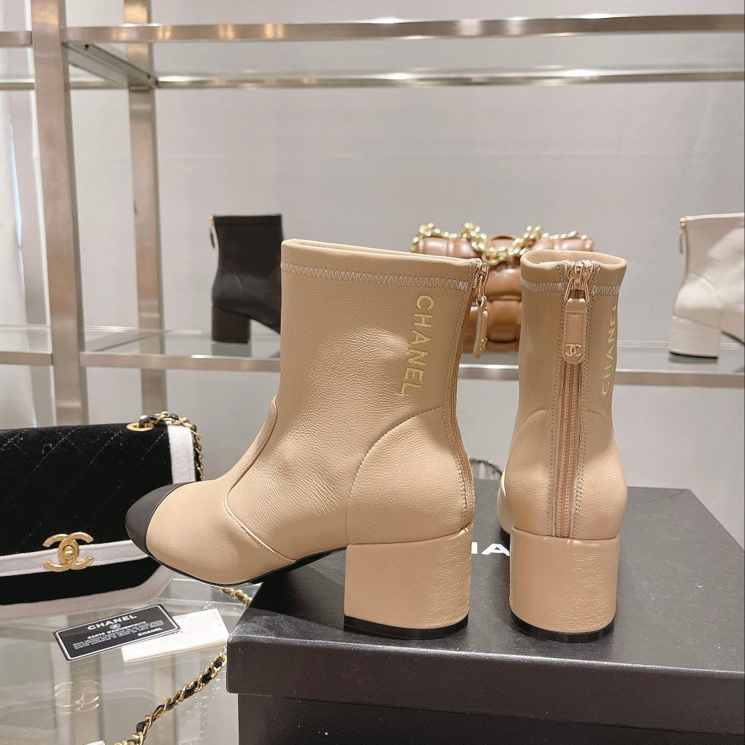 CC 26s Cap-Toe Block-Heel Ankle Boots 5cm Beige Black Leather 966884