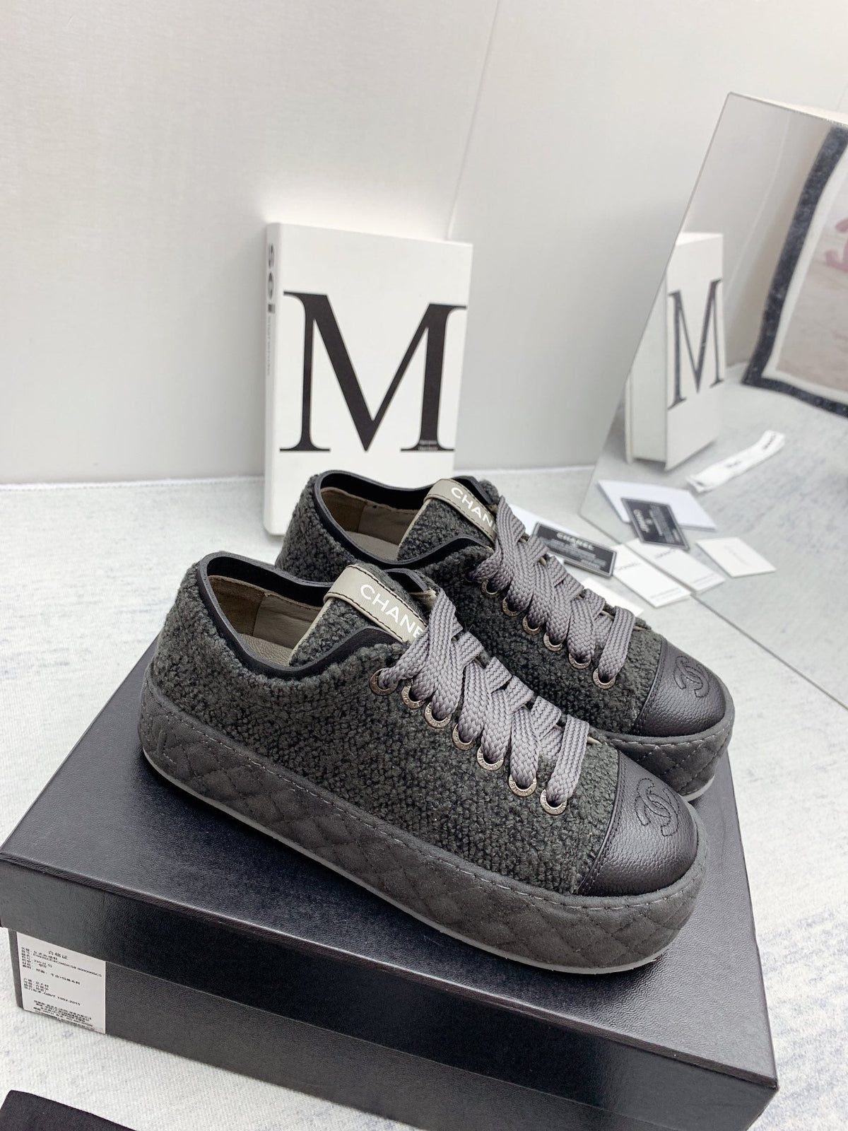 CC 26s Platform Sneakers Grey Black Boucle Calfskin 160122